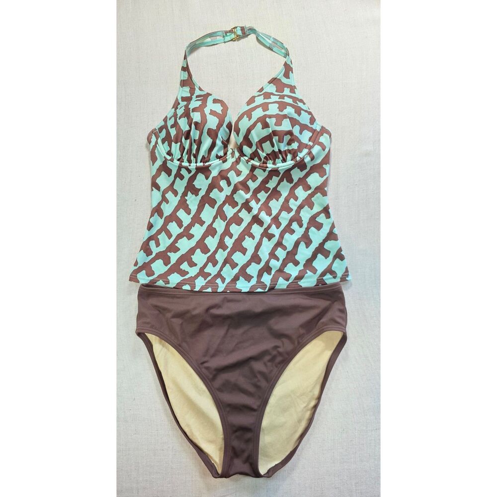 Victoria's Secret Tankini Swimsuit Set Brown Aqua Halter Padded Underwire 36C L